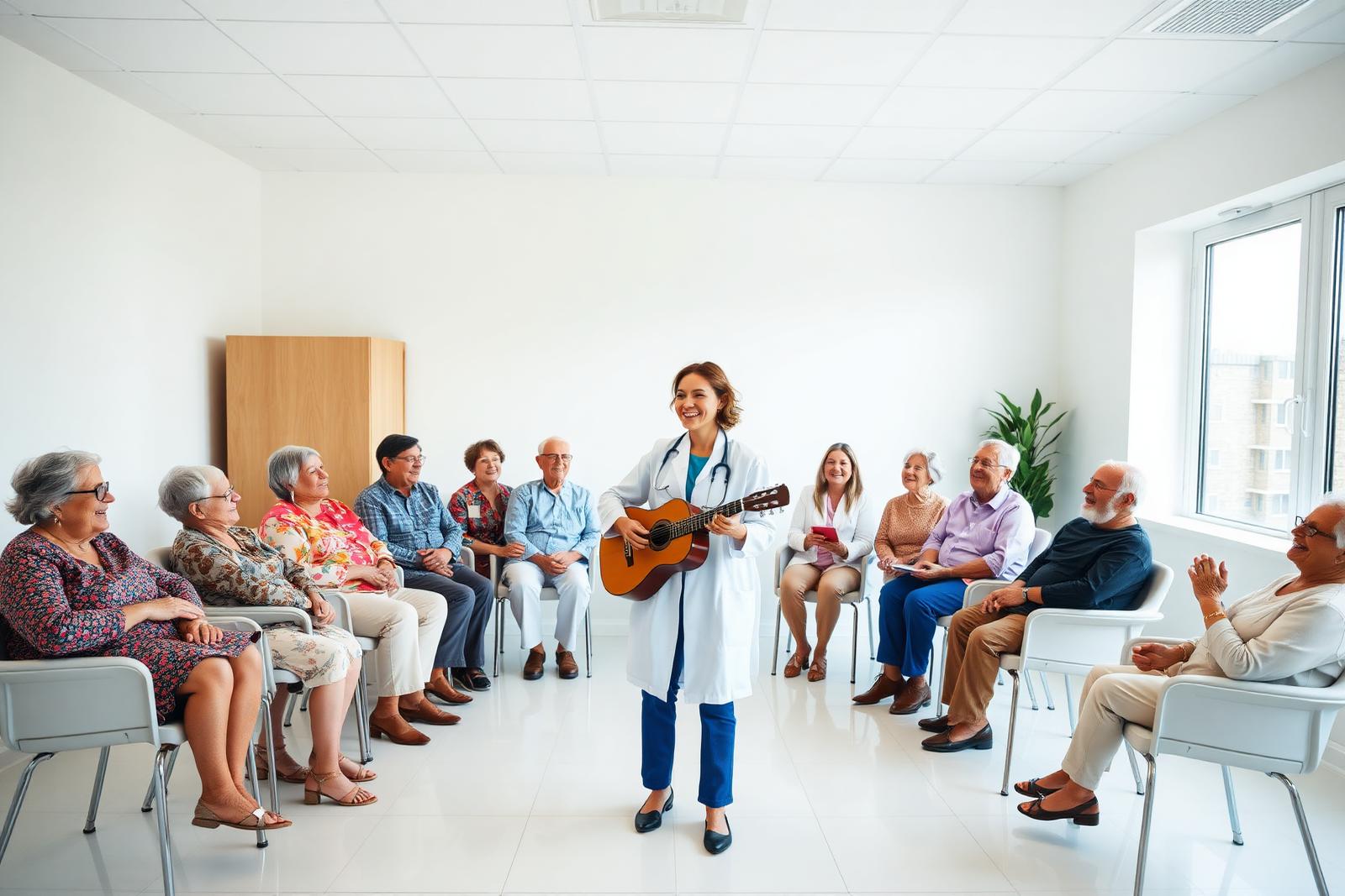 Grupo de idosos cantando em coral acompanhados por fonoaudióloga ao violão