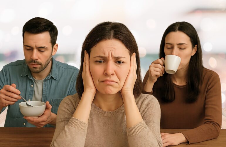 Pessoa com expressão de desconforto cobrindo os ouvidos devido a sons incômodos.