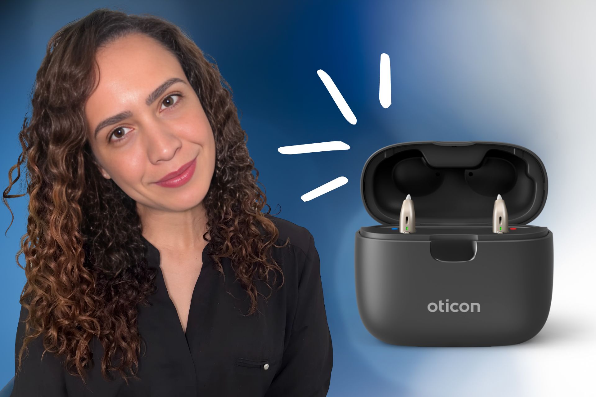 Tati sorrindo ao lado de um aparelho auditivo, representando atendimento personalizado em Belo Horizonte e Pedro Leopoldo