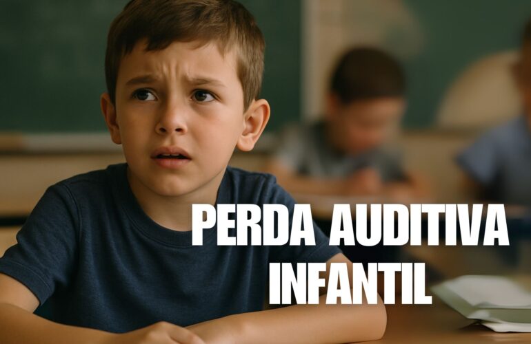 Um menino em uma sala de aula parece confuso, possivelmente com perda auditiva. O ambiente agitado da sala de aula destaca os desafios que ele enfrenta, enfatizando a importância da detecção precoce e do suporte para crianças com dificuldades auditivas.