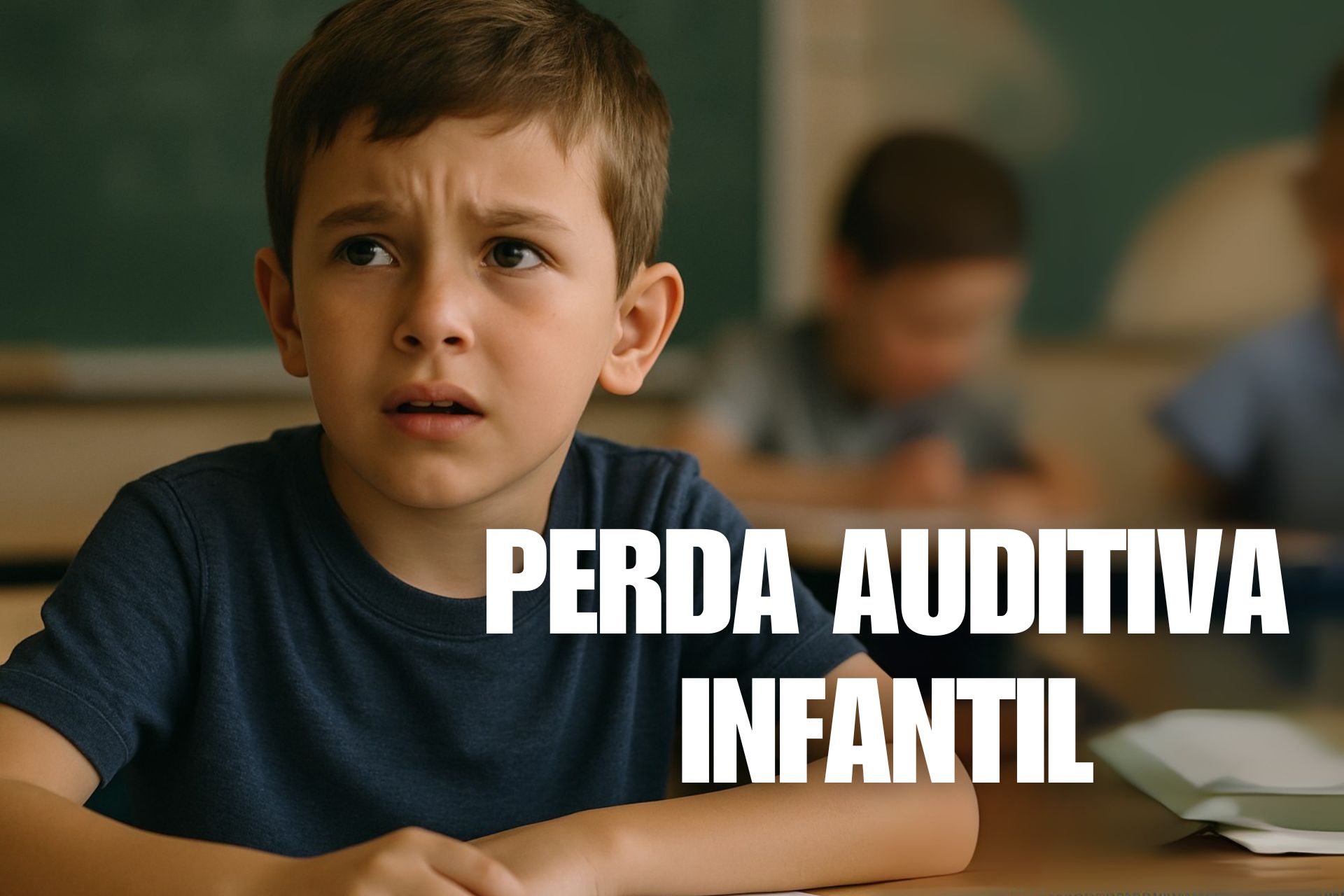 Um menino em uma sala de aula parece confuso, possivelmente com perda auditiva. O ambiente agitado da sala de aula destaca os desafios que ele enfrenta, enfatizando a importância da detecção precoce e do suporte para crianças com dificuldades auditivas.