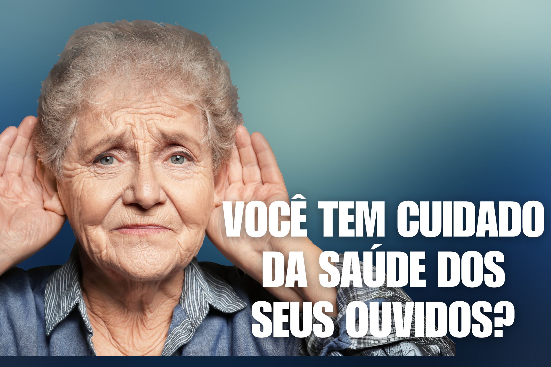 Mulher com a mão sobre a orelha, transmitindo a sensação de dificuldade para ouvir ou de escuta atenta.