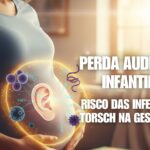 Mulher grávida com brilho protetor na barriga, mostrando graficamente um ouvido interno e infecções TORSCH (vírus, bactérias, protozoários) ao redor, simbolizando a proteção auditiva fetal.