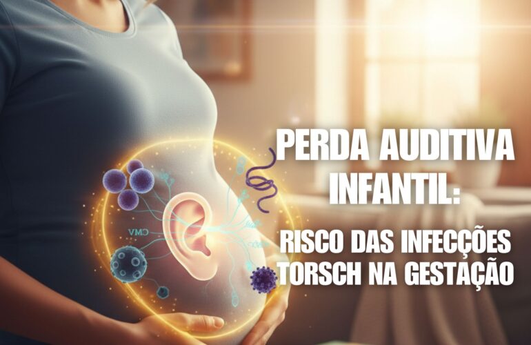 Mulher grávida com brilho protetor na barriga, mostrando graficamente um ouvido interno e infecções TORSCH (vírus, bactérias, protozoários) ao redor, simbolizando a proteção auditiva fetal.