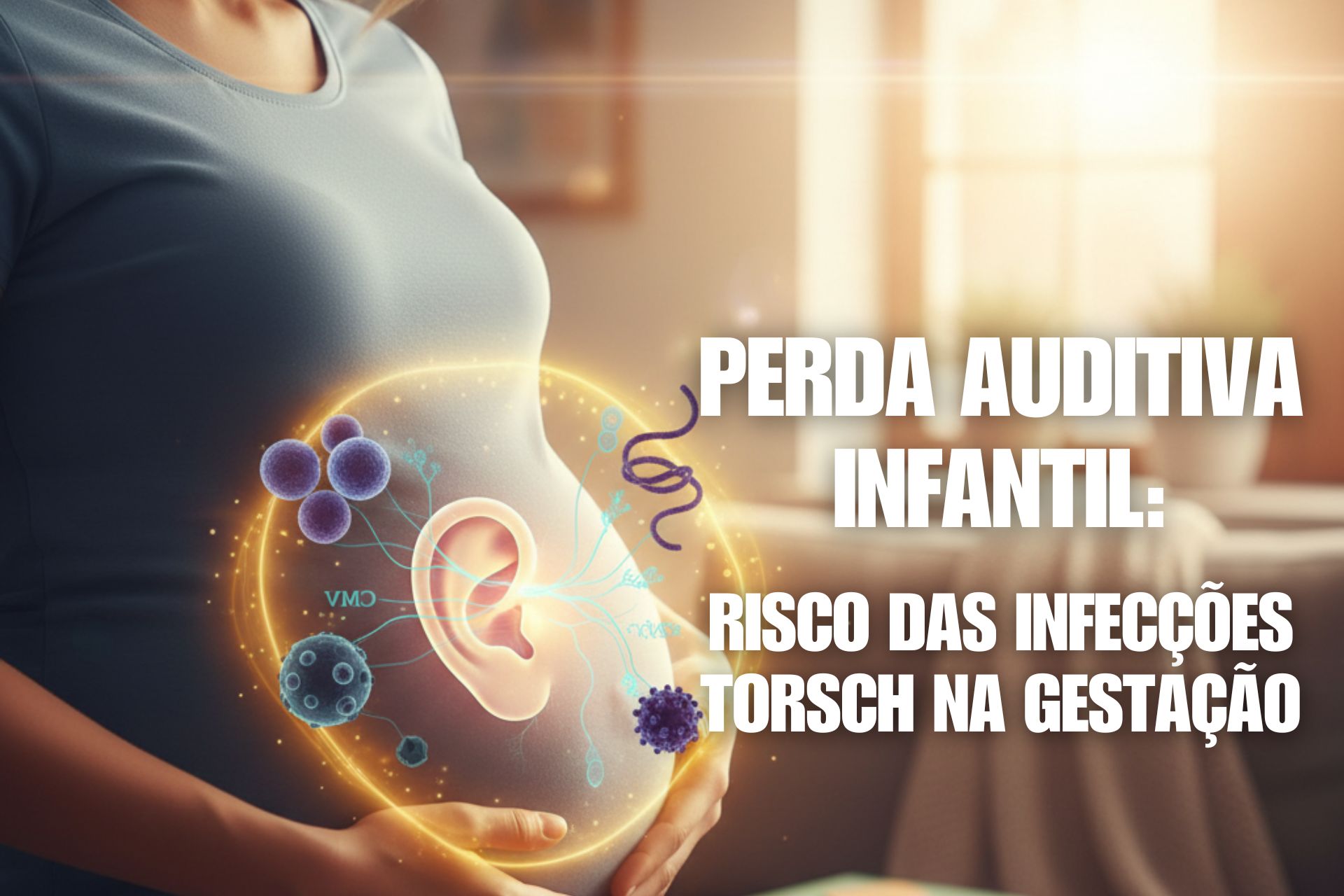 Mulher grávida com brilho protetor na barriga, mostrando graficamente um ouvido interno e infecções TORSCH (vírus, bactérias, protozoários) ao redor, simbolizando a proteção auditiva fetal.